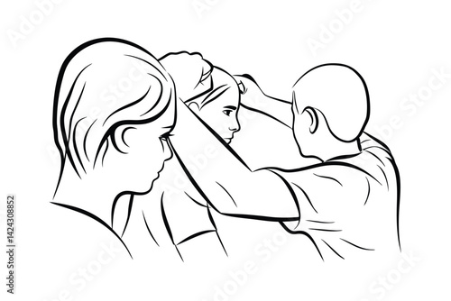 Line art depiction of girl getting ready with family members adjusting her hair for event ceremony