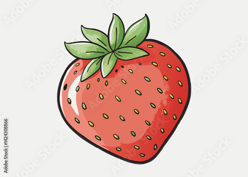 Fresh strawberry illustration single fruit with green leaves on white background