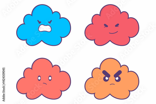 A collection of cartoon clouds expressing different emotions, including anger, smugness, sadness, and rage.