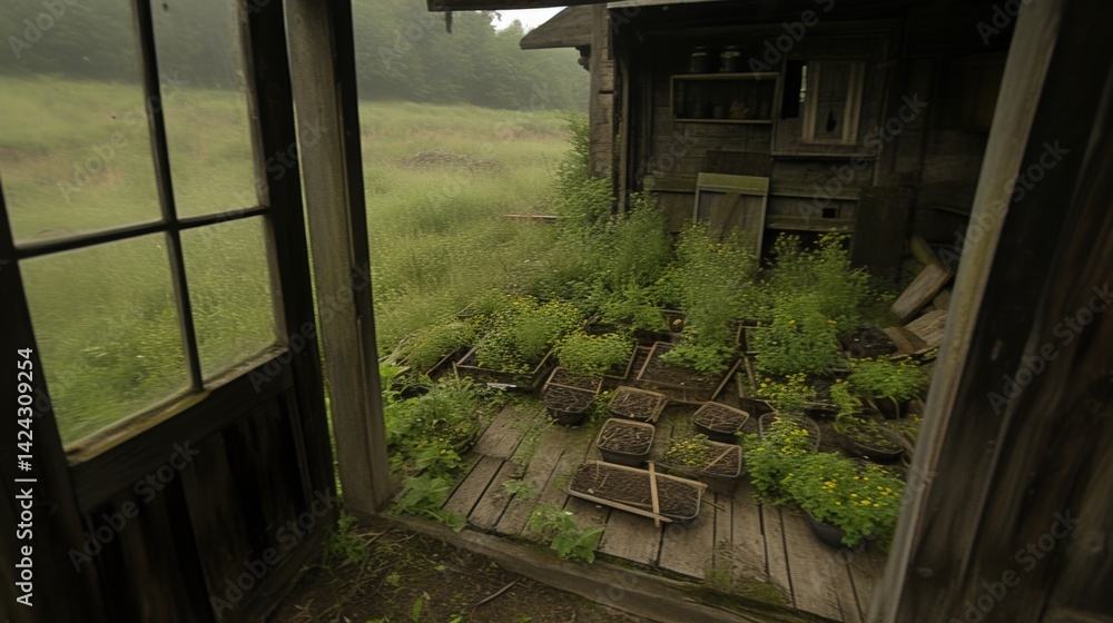 Fototapeta premium Abandoned rustic space with overgrown plants and natural light
