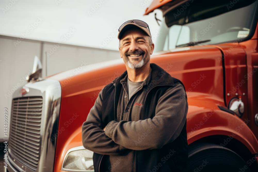 Smiling portrait of a middle aged caucasian male trucker in the USA Smiling portrait of a middle aged caucasian male trucker in the USA