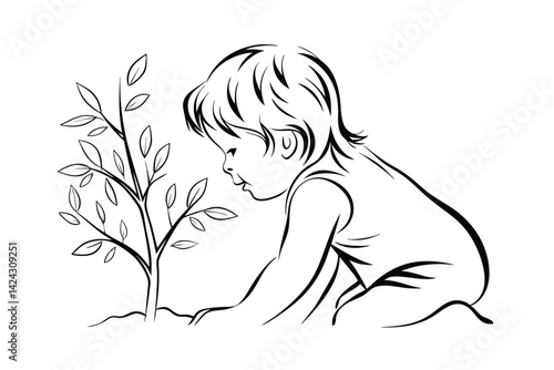 Black and white line art depicting a young child planting a tree sapling in the earth