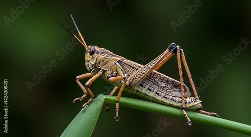 Detailed close-up of a grasshopper sitting on a vibrant green leaf. Stock photo for nature and insect themes.
