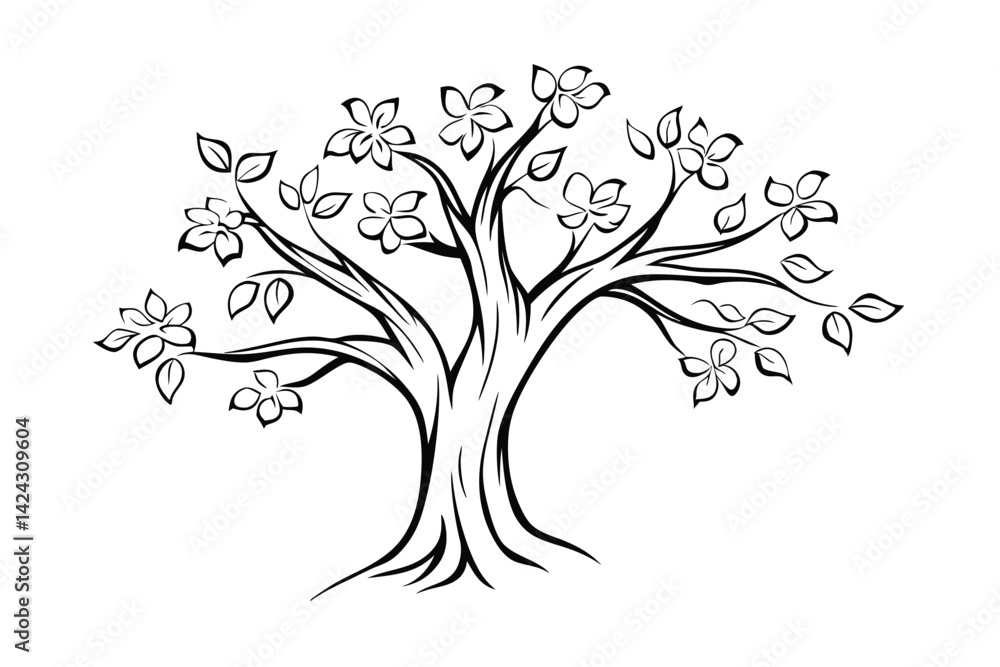 Obraz premium Elegant minimalist tree illustration with blossoms and leaves in black and white stylized design