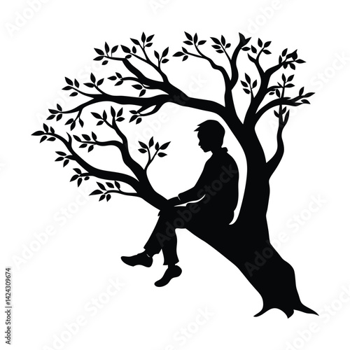 Vector silhouette of a man sitting on a tree branch looking peaceful