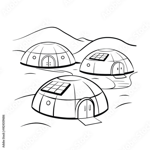 Futuristic dome homes with solar panels outlined in black and white for coloring books or illustrations