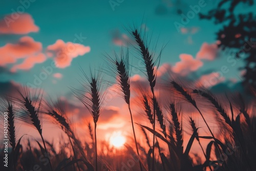 Silhouettes of wheat stalks at sunset