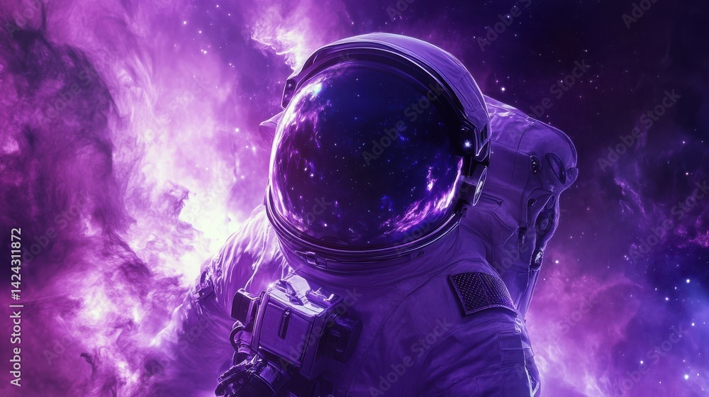 Astronaut exploring a purple nebula in deep space Astronaut exploring a purple nebula in deep space