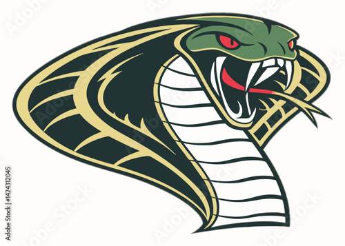Aggressive cobra illustration striking snake with red eyes in defense mode
