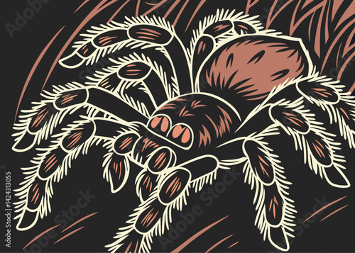 Vector illustration of a tarantula spider with furry legs on black background