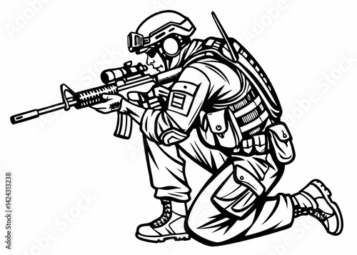 Soldier armed with assault rifle kneeling in combat pose black and white vector