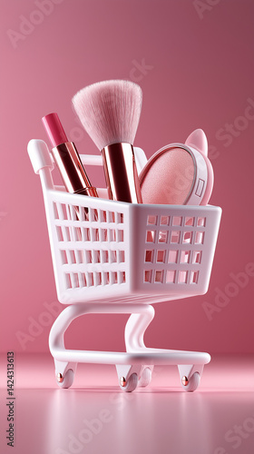 Obraz na płótnie Miniatur-Einkaufswagen gefüllt mit Make-up-Produkten und Kosmetikpinseln auf rosa Hintergrund w salonie
