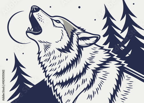 Howling wolf silhouette against moonlit forest graphic vector illustration