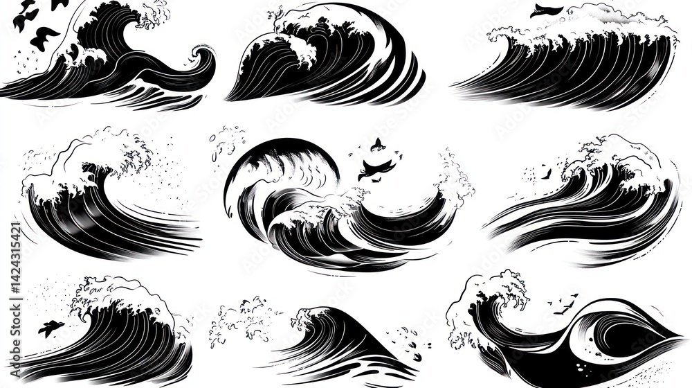 Fototapeta premium Ocean wave illustrations; design elements; sea birds; white background; graphic design