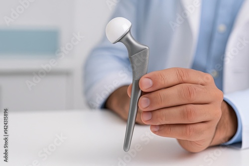 Hemiarthroplasty hip replacement implant held by surgeon's hand