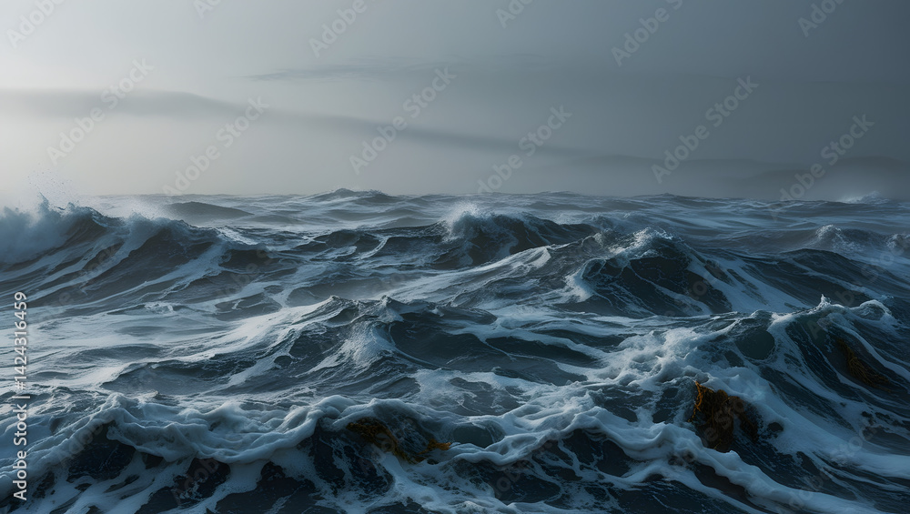 a highly detailed and dramatic cinematic photograph of the tumultuous natural texture of an agitated sea surface, captured in a wide-angle shot with a shallow depth of field, emphasizing the intricate