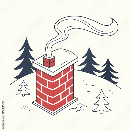Brick Chimney with Smoke Icon in Flat Christmas Style