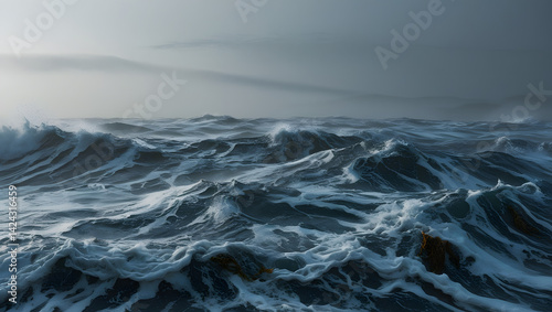 Obraz na płótnie a highly detailed and dramatic cinematic photograph of the tumultuous natural texture of an agitated sea surface, captured in a wide-angle shot with a shallow depth of field, emphasizing the intricate w salonie