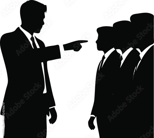 Leader pointing at a group, asserting authority and giving direction. Concept on leadership, authority, and professional communication