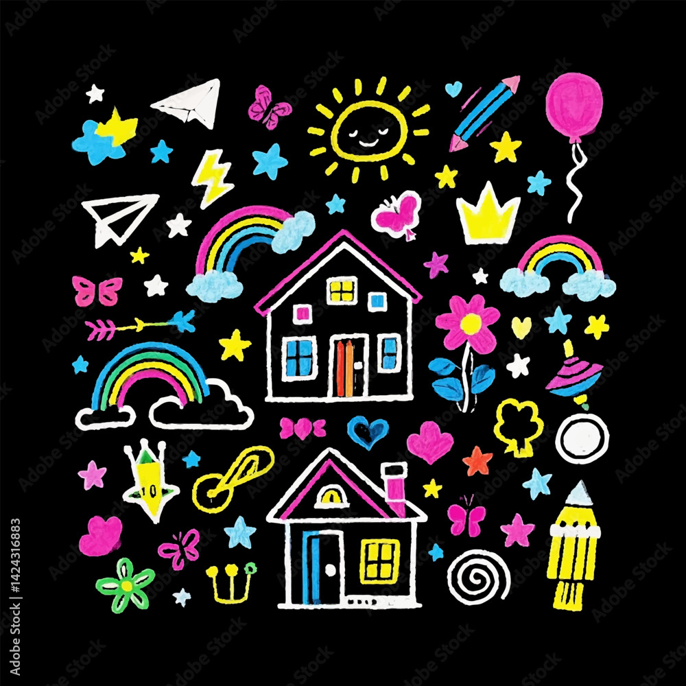 Colorful doodle art background with houses and rainbows Colorful doodle art background with houses and rainbows