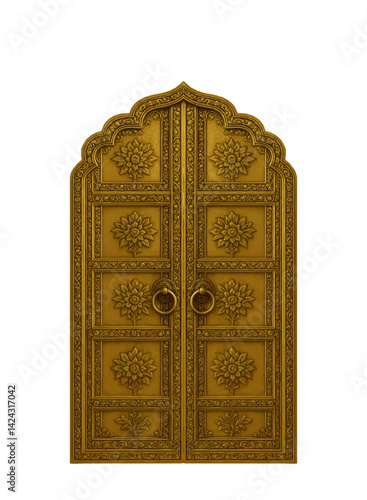 Golden Indian door with floral carvings and traditional arched design