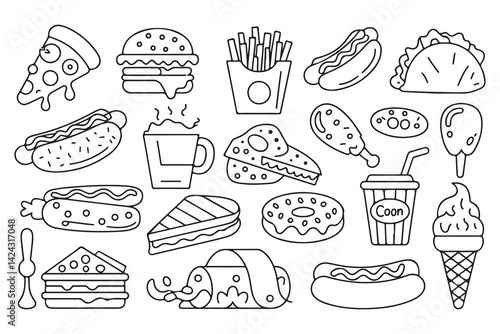 Food flat line art Illustration Icons set, Food Vector outline Clipart. set of fast food line drawing  Illustration bundle	