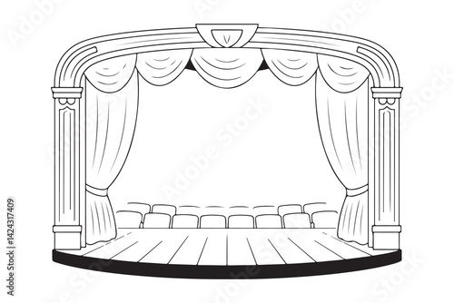 Line art theater stage seats arrangement curtain art vector	