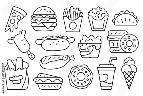 Food flat line art Illustration Icons set, Food Vector outline Clipart. set of fast food line drawing  Illustration bundle	