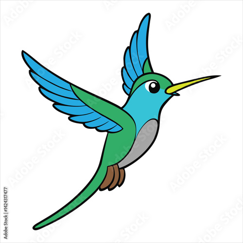 A cute blue bird, a wild animal in flight, showcases its wing against a green nature illustration