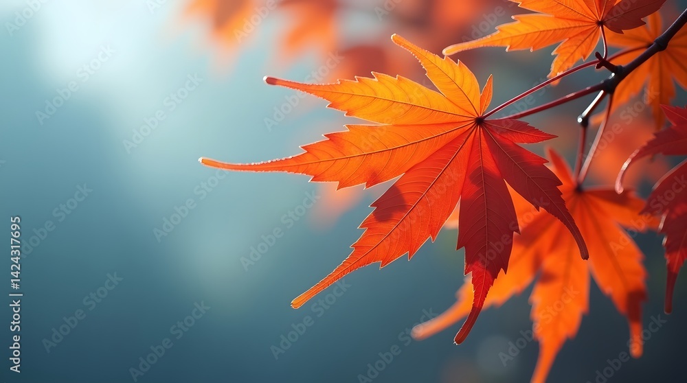 Vibrant autumn maple leaves on a branch against a blurred blue background. Warm fall foliage, seasonal beauty. Best for nature, autumn, and seasonal themes. Vibrant autumn maple leaves on a branch against a blurred blue background. Warm fall foliage, seasonal beauty. Best for nature, autumn, and seasonal themes.