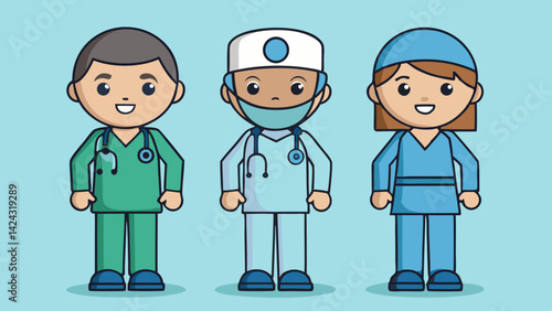 Cartoon illustration of diverse medical professionals team standing in uniforms