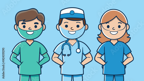Cartoon medical staff illustration featuring doctors and nurses standing side by side