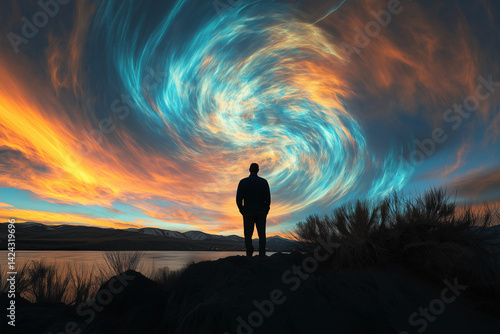 silhouette of a man standing on a rock at sunset