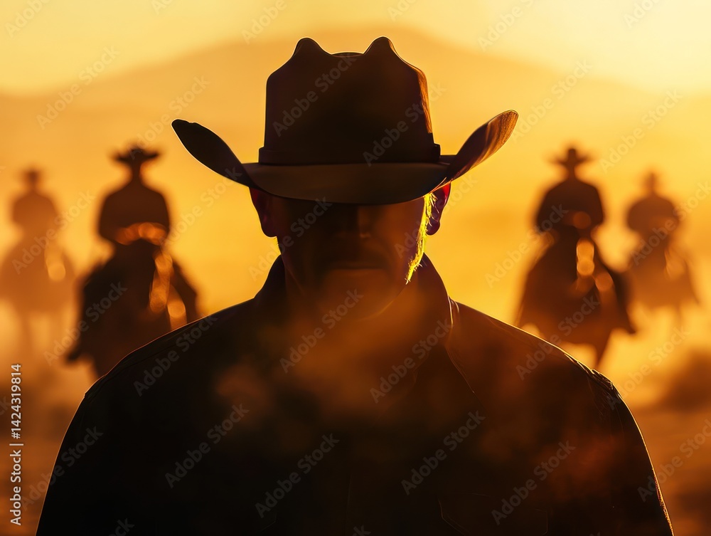 Close-up portrait of a western style cowboy man, with a group of cowboys riding across the desert plains