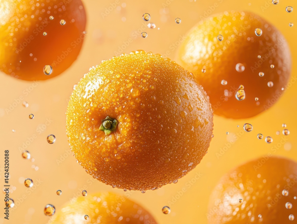 fresh oranges fruits floating in air, surrounded by tiny drops