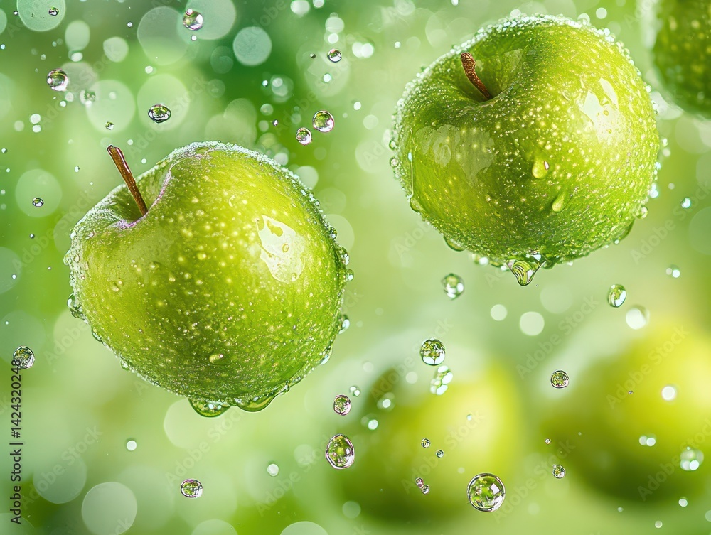 green fresh apples floating in green sky, surrounded by tiny drops