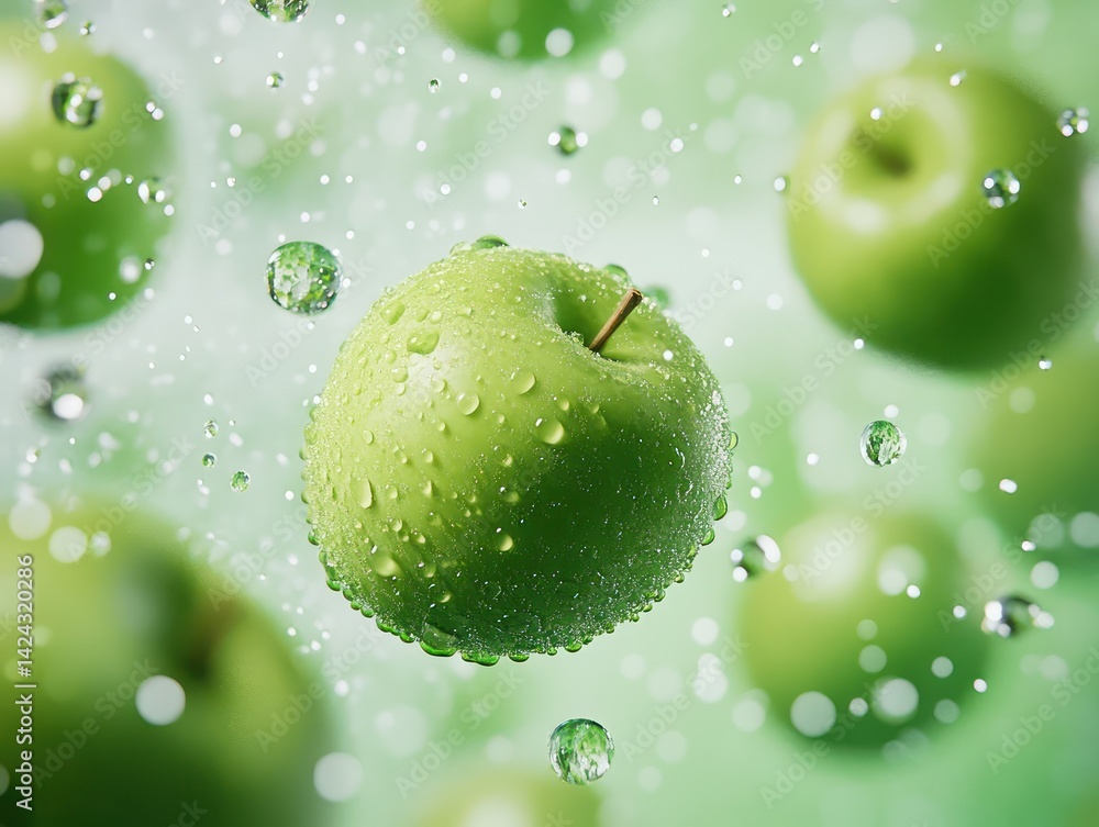 green fresh apples floating in green sky, surrounded by tiny drops