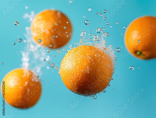 Obraz na płótnie fresh oranges fruits floating in air, surrounded by tiny drops w salonie