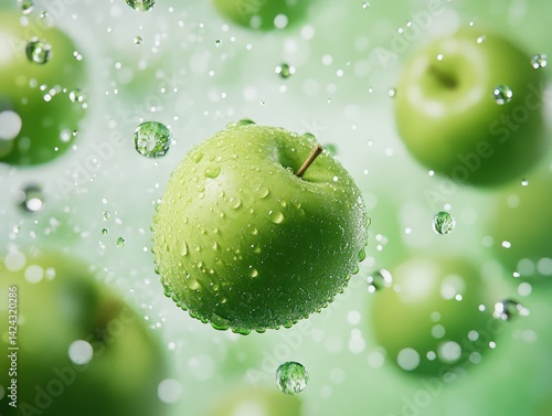 Obraz na płótnie green fresh apples floating in green sky, surrounded by tiny drops w salonie