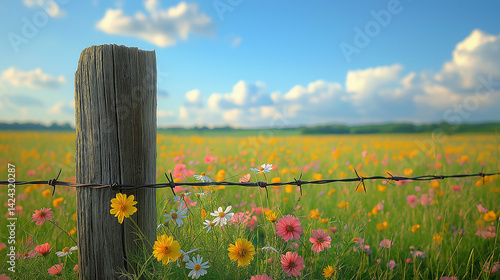 An old wooden fence post in a field of flowers. 