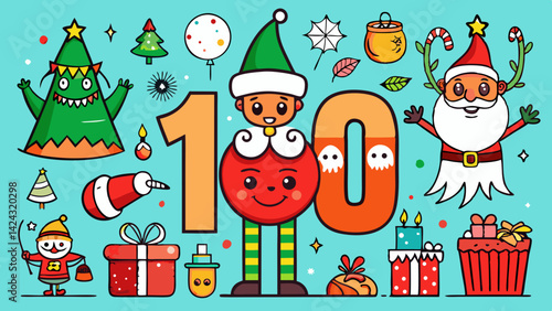 Cartoon christmas hundred celebration with holiday characters and decorative elements