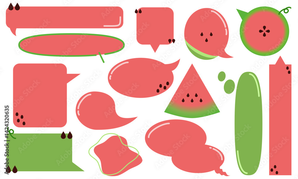 Set of watermelon speech bubble balloon, Red and green text box vector image, chat, doodle message, communication icon, minimal message dialog Set of watermelon speech bubble balloon, Red and green text box vector image, chat, doodle message, communication icon, minimal message dialog