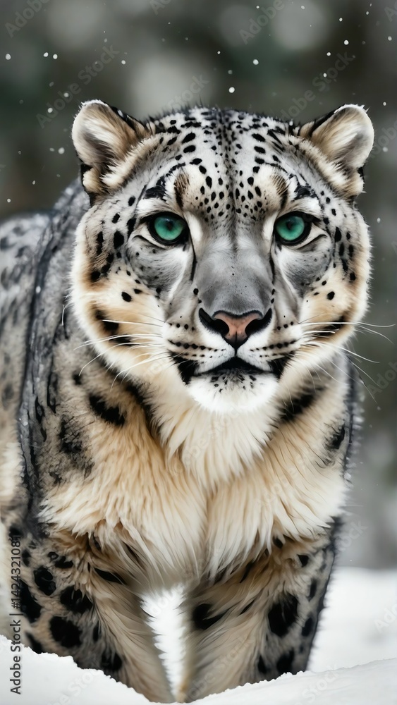 Fototapeta premium A close-up of a snow leopard in a snowy environment, showcasing its distinct spotted fur and striking teal eyes. Snowflakes are falling softly around the animal, enhancing the wintry scene.