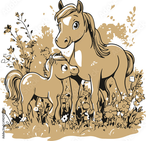 Mother Horse with Foal in Meadow Breeze