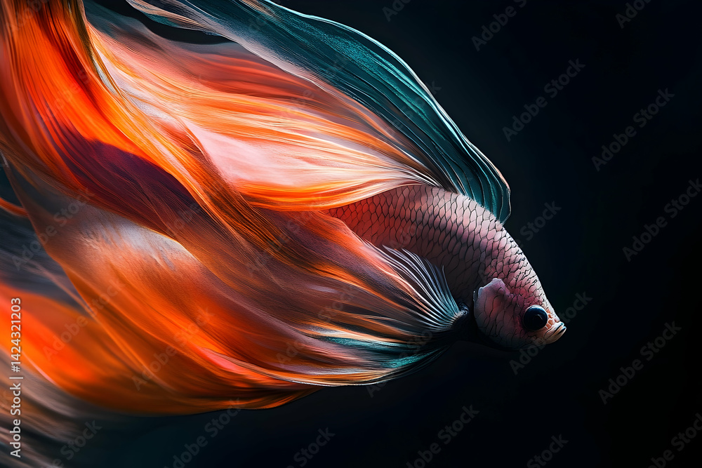 Obraz premium Vibrant betta fish fin display against a dark background.