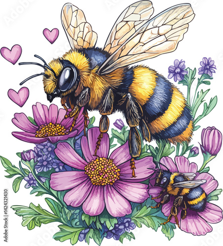Mother Bee Guiding Baby Bee to Collect Nectar