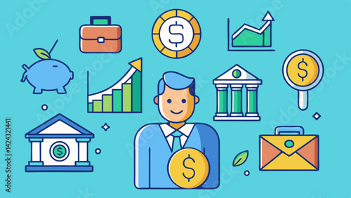 Financial advisor surrounded by banking investment and money growth icons