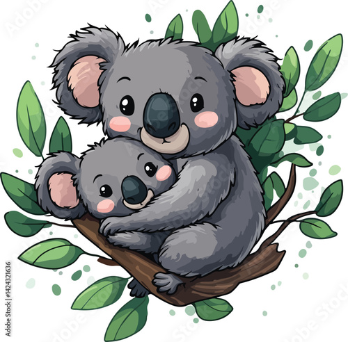 Mother Koala and Baby in Eucalyptus Tree