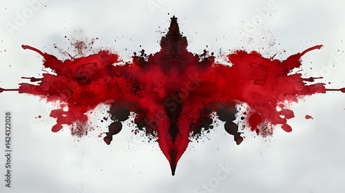 Rorschach Inkblot: A captivating display of abstract expressionism unfolds as a symmetrical crimson inkblot is meticulously rendered, offering viewers a portal into the realms of the mind, creativity.