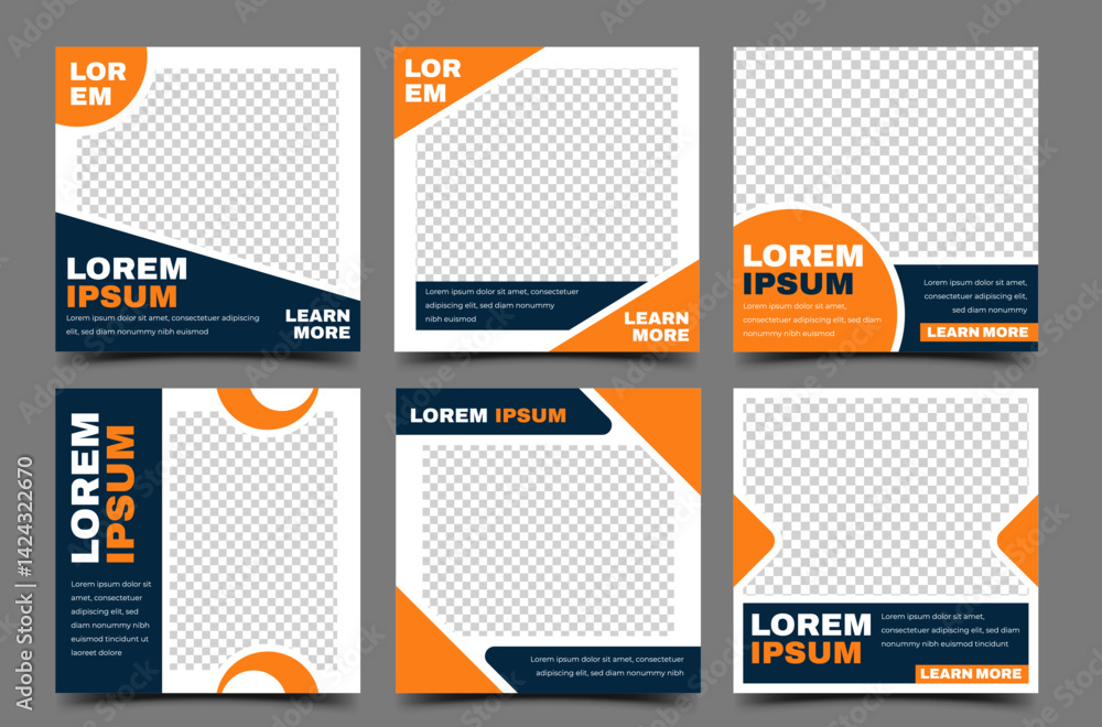 Fototapeta premium Set of square banner template design. Modern social media post with orange and blue color. Usable for social media post and web ads.